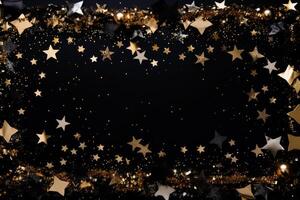 Golden and silver stars creating a sparkling frame on black background photo