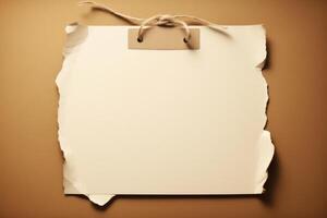 Blank paper with torn edges hanging on brown background with string photo