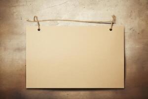 Blank sheet of paper hanging on a string against grunge background photo