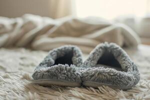Comfortable grey slippers resting on soft bedspread in cozy bedroom photo
