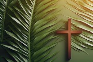 Christian cross resting on palm sunday leaves symbolizing faith and resurrection photo