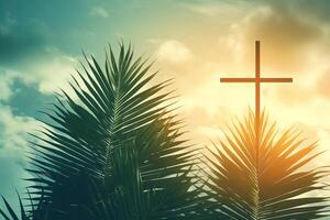 Palm sunday background with cross shining in cloudy sky photo
