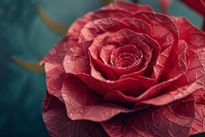 Blooming red paper rose with water drops showing intricate details photo