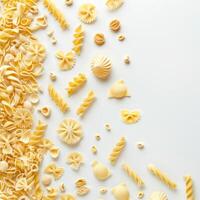Various pasta shapes arranged on white background creating culinary border photo