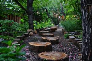 Stepping stones leading through lush green garden path photo