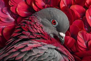 Pigeon showing red and grey feathers resting on red petals photo