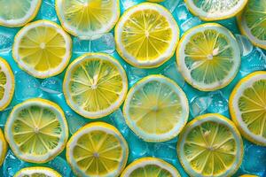 Lemon slices floating in blue water with ice cubes creating refreshing summer background photo