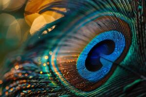 Vibrant peacock feather showing iridescent green and blue colors with golden glitter photo
