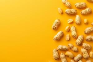 Peanuts in shell scattered on vibrant yellow background creating culinary delight photo