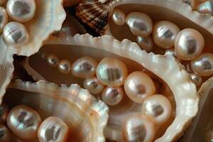 Pink pearls resting on mother of pearl shells creating a luxurious background photo