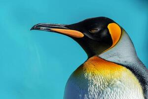 King penguin showing its colorful plumage on a turquoise background photo