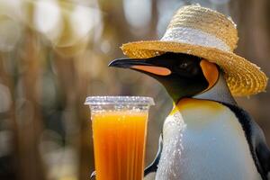 King penguin wearing straw hat enjoying refreshing orange juice photo