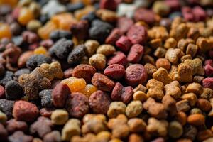 Dry pet food forming a colorful background with different shapes photo