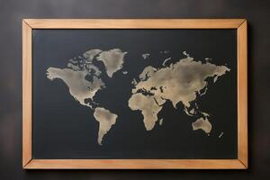 Golden world map showing continents on blackboard in classroom setting for geography lesson photo