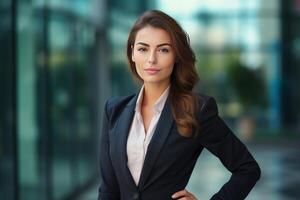 Confident businesswoman posing with hand on hip in front of office building photo