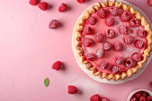 Homemade raspberry pie with fresh raspberries and icing sugar on pink background, top view photo