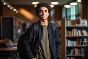 Smiling young college student posing in university library with backpack photo