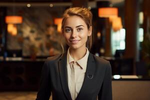 Hotel receptionist smiling and welcoming guests in lobby photo
