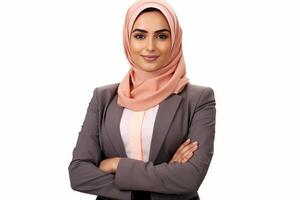 Smiling muslim businesswoman wearing hijab crossing arms on white background photo
