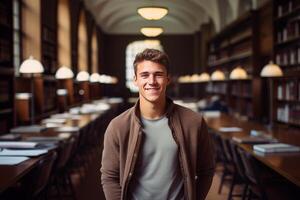 Young student smiling in university library with bookshelves and tables photo