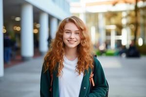 Happy student girl with red curly hair and backpack smiling near university building photo