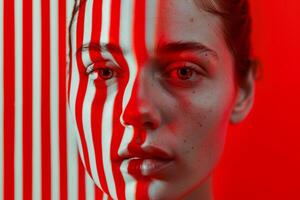 Woman with red and white stripes projected on face posing on red background photo