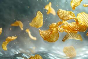 Crispy potato chips falling and splashing into water, creating a delicious snack sensation photo