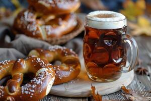 Freshly baked pretzels with a mug of beer celebrating oktoberfest photo