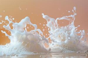 Milk splashing and creating a crown shape with bubbles on orange background photo