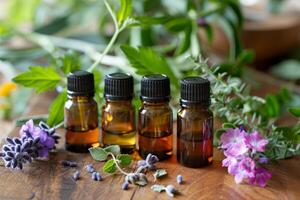 Essential oils and fresh herbs creating natural remedies photo