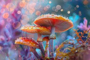 Fly agaric mushrooms growing in enchanted forest with dew drops and bokeh lights photo