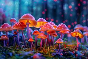 Glowing mushrooms creating a magical atmosphere in enchanted forest photo