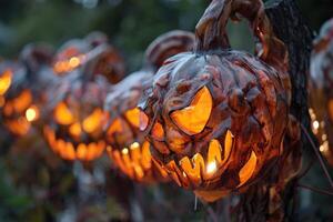 Halloween pumpkins glowing in the dark creating a spooky atmosphere photo