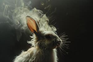 White rabbit emerging from mysterious smoke on dark background photo