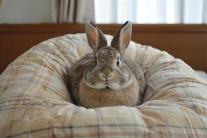 Brown netherland dwarf rabbit relaxing on soft cushion photo