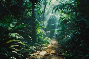 A path through the jungle with sunlight shining through the trees photo