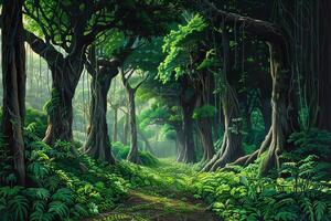 Lush tropical rainforest path covered in ferns and vines photo