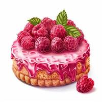Delicious raspberry cake dripping with pink icing and fresh raspberries photo