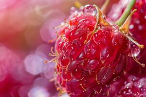 Fresh raspberry showing tiny water droplets on a blurred background photo