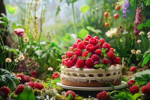 Delicious raspberry cake sitting on mossy surface in lush garden setting photo