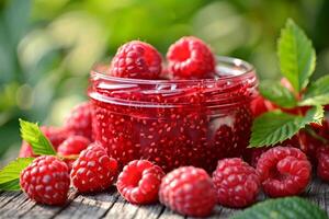Fresh raspberries and raspberry jam in a glass jar on wooden table photo