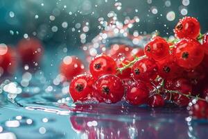 Fresh red currants splashing into water creating ripples and droplets photo