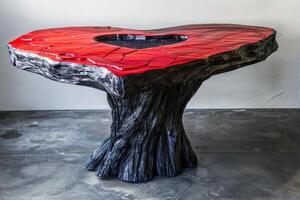 Modern red and black coffee table with heart shaped epoxy resin filling standing on gray floor photo