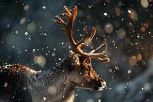 Reindeer walking in snowfall during golden hour in winter forest photo