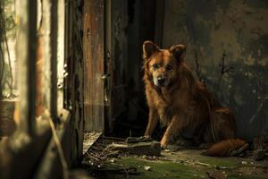 Sad dog sitting in abandoned house near broken window photo