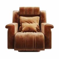 Comfortable orange velvety upholstered armchair with cushions on white background photo