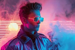 Trendy man wearing sunglasses posing in a neon lit environment with smoke photo