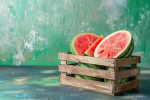 Fresh watermelon slices resting in rustic wooden crate on vibrant green backdrop photo