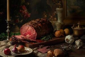 Sliced roast beef on cutting board with rosemary and garlic in rustic setting photo