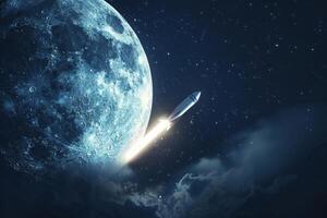 Rocket launching from earth to the moon, space exploration concept photo